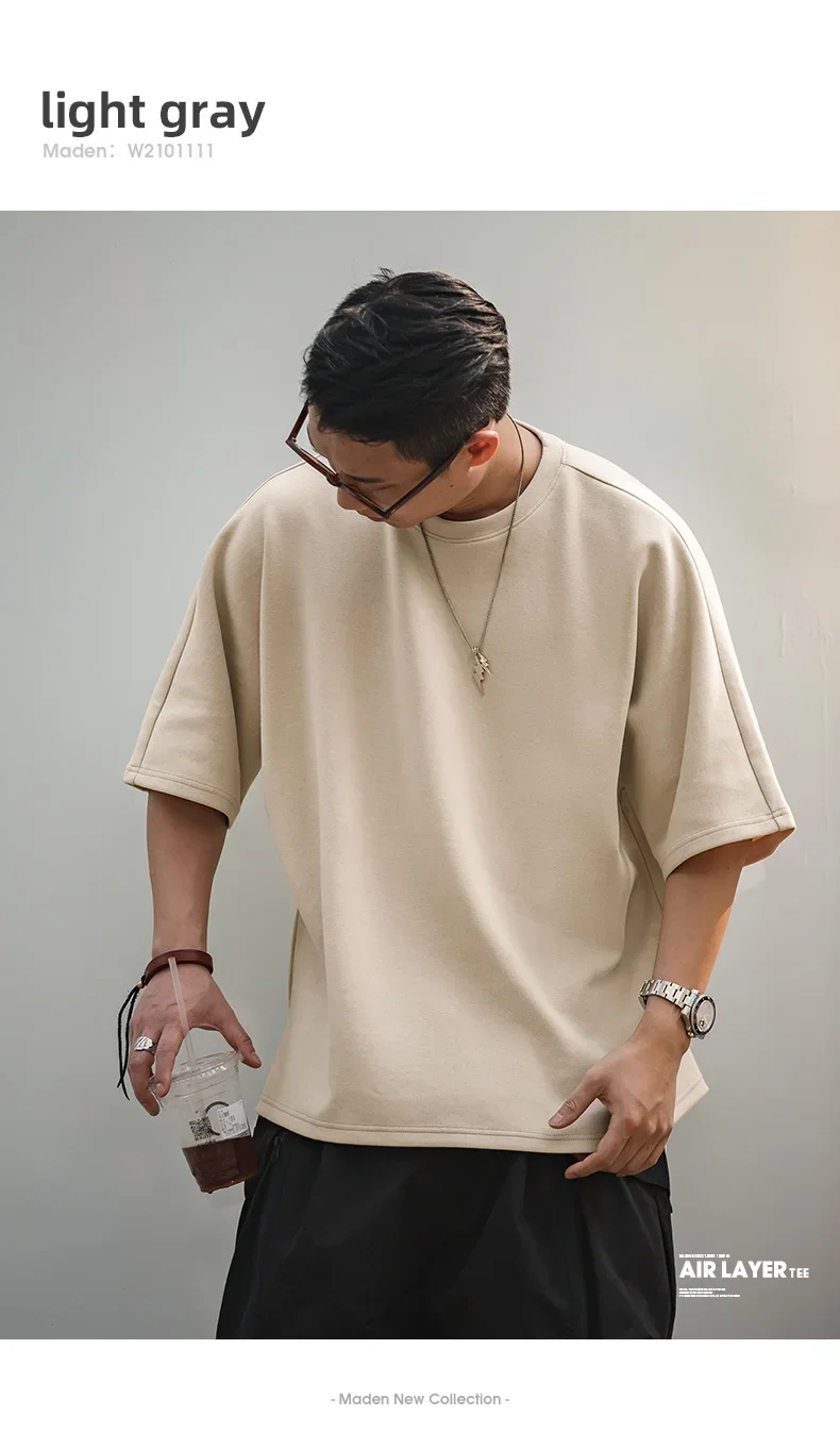 Maden Retro 340g/m² Heavyweight Round Neck Pique Cotton T-shirt Loose Silhouette Solid Color Short-sleeved Top for Men's Summer