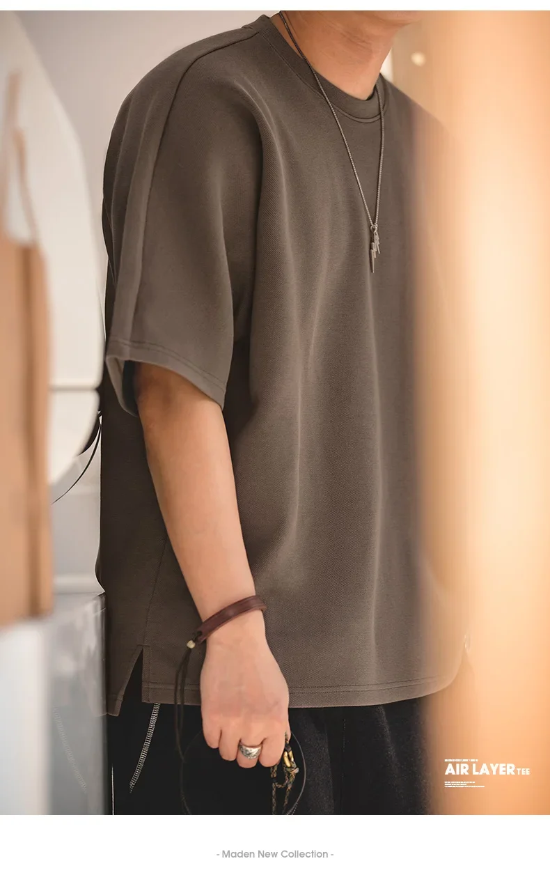 Maden Retro 340g/m² Heavyweight Round Neck Pique Cotton T-shirt Loose Silhouette Solid Color Short-sleeved Top for Men's Summer