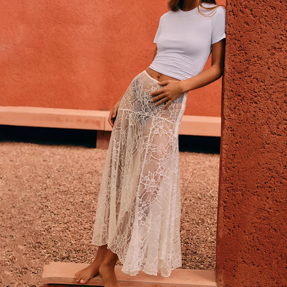 CNYISHE Lace Sheer Elegant A-Line Sexy Club Women Long Skirts Summer/Spring Skinny High Waist Fashion Casual Sea Holiday Female