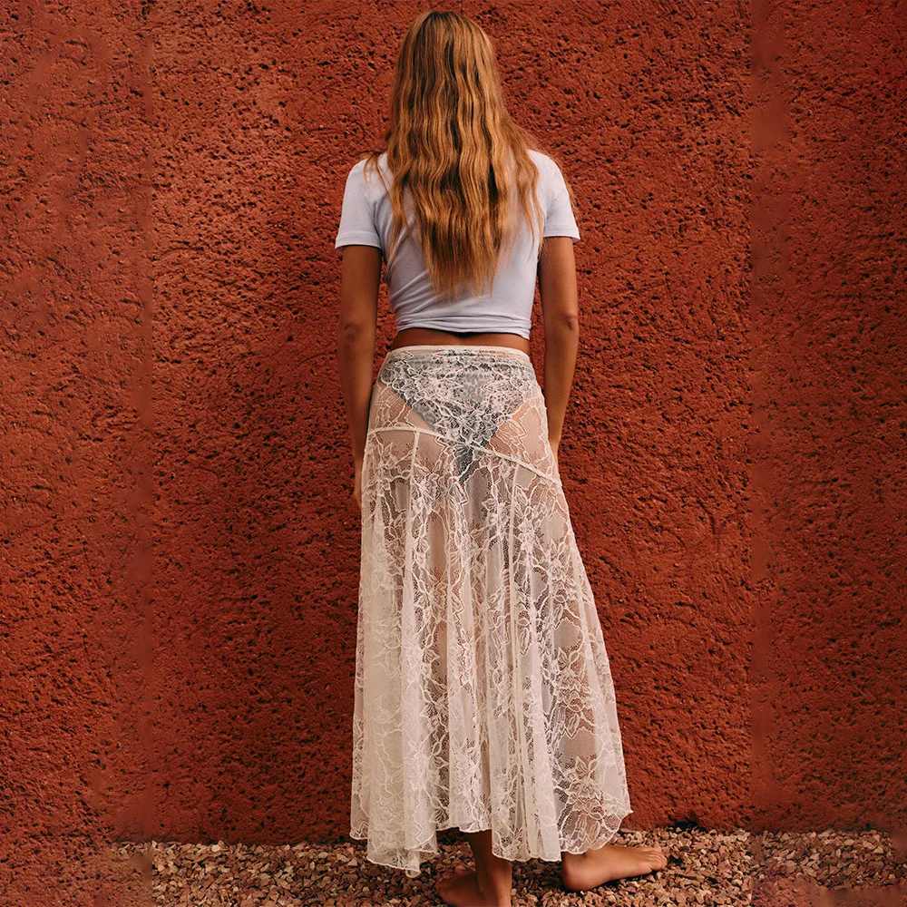 CNYISHE Lace Sheer Elegant A-Line Sexy Club Women Long Skirts Summer/Spring Skinny High Waist Fashion Casual Sea Holiday Female