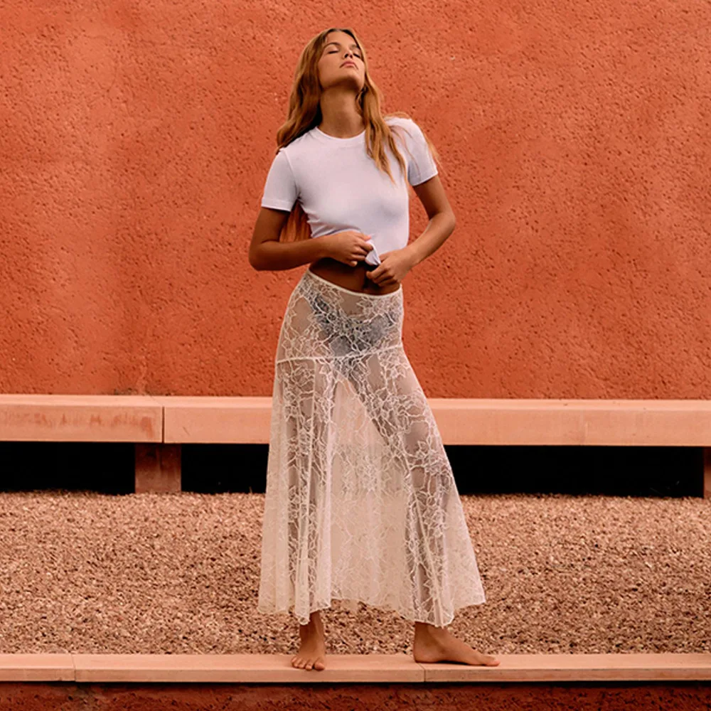 CNYISHE Lace Sheer Elegant A-Line Sexy Club Women Long Skirts Summer/Spring Skinny High Waist Fashion Casual Sea Holiday Female