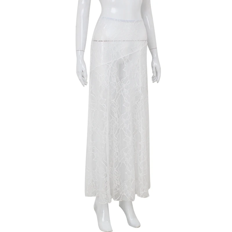 CNYISHE Lace Sheer Elegant A-Line Sexy Club Women Long Skirts Summer/Spring Skinny High Waist Fashion Casual Sea Holiday Female