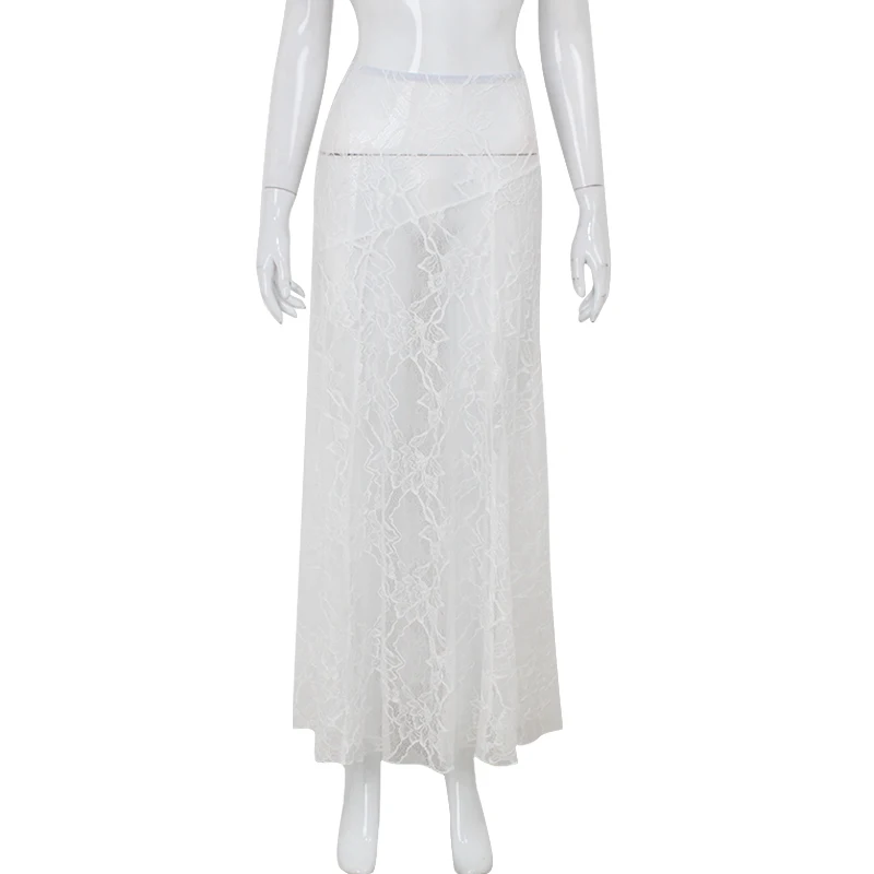 CNYISHE Lace Sheer Elegant A-Line Sexy Club Women Long Skirts Summer/Spring Skinny High Waist Fashion Casual Sea Holiday Female