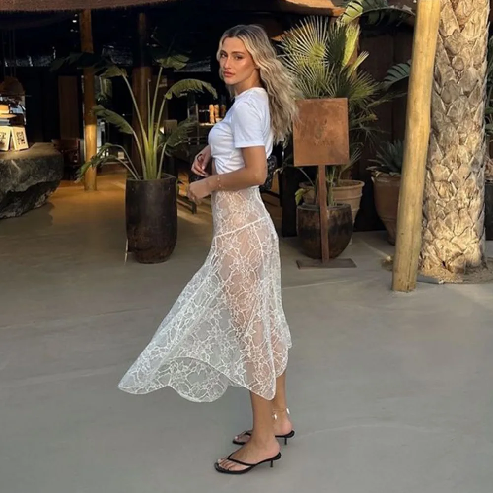 CNYISHE Lace Sheer Elegant A-Line Sexy Club Women Long Skirts Summer/Spring Skinny High Waist Fashion Casual Sea Holiday Female