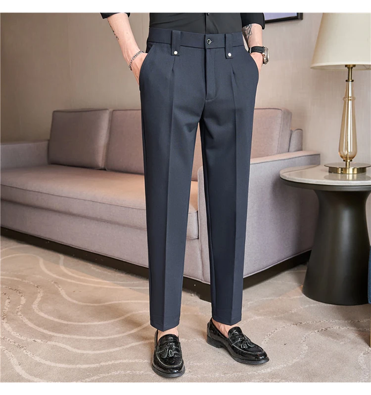 Mens Suit Pants 2026 Spring New British Style Elastic Waist Solid Casual Formal Dress Pants Slim Fit Trousers for Men Clothing
