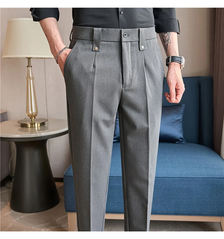 Mens Suit Pants 2026 Spring New British Style Elastic Waist Solid Casual Formal Dress Pants Slim Fit Trousers for Men Clothing