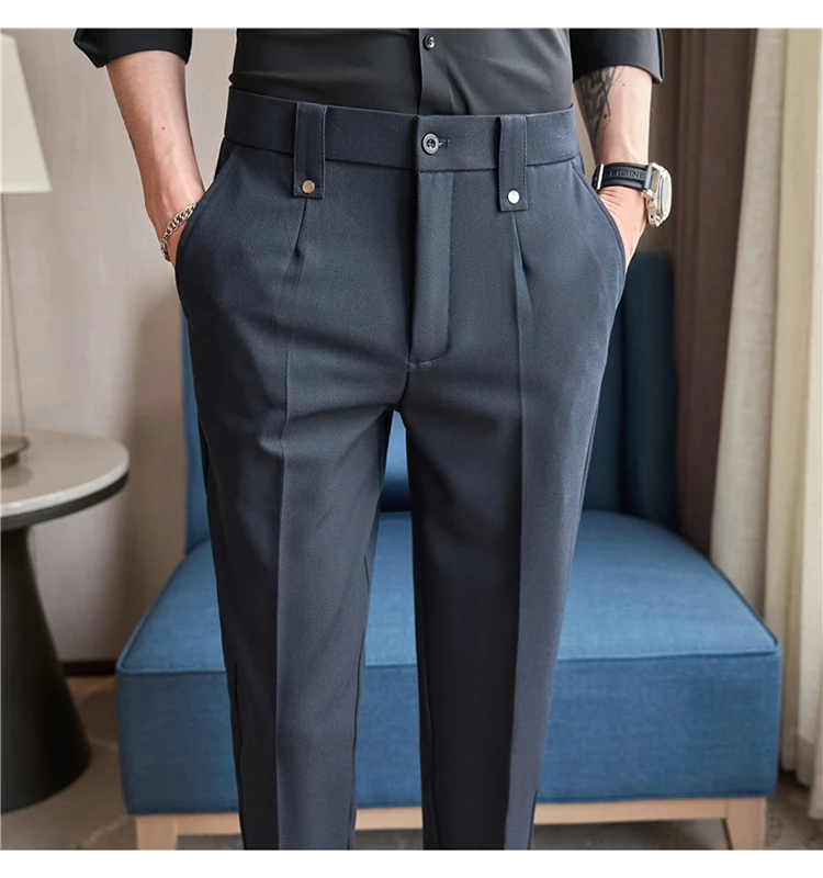 Mens Suit Pants 2026 Spring New British Style Elastic Waist Solid Casual Formal Dress Pants Slim Fit Trousers for Men Clothing