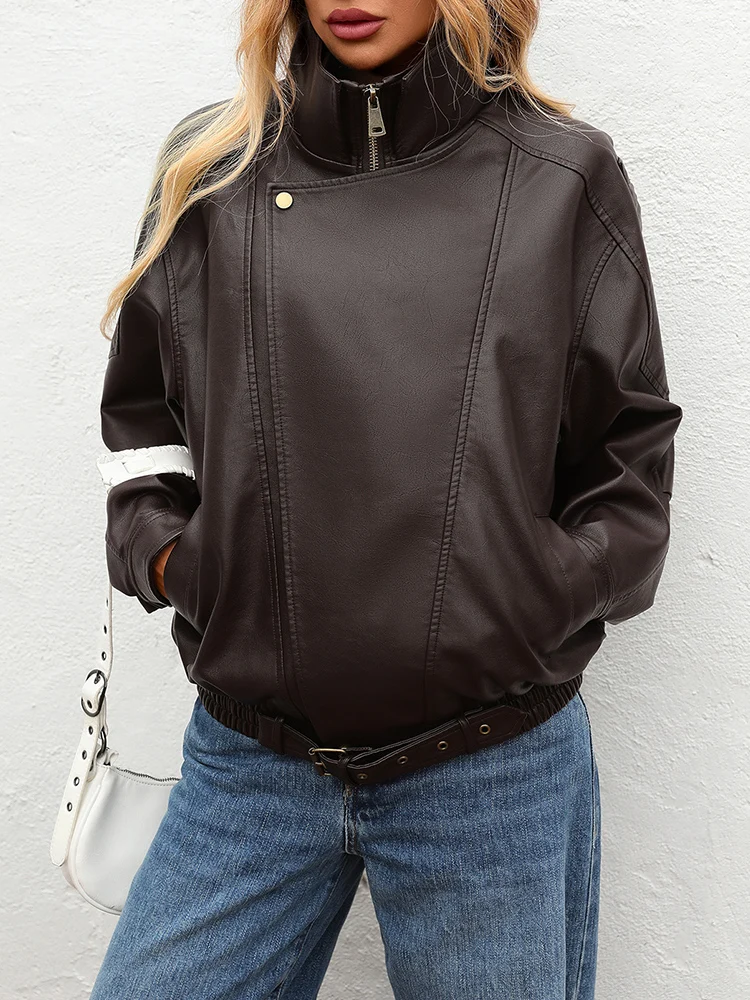 Ailegogo New Spring Autumn Women Streetwear Retro Loose Faux Leather Jacket Moto Biker Female Vintage Belt Zipper Coat Outwear