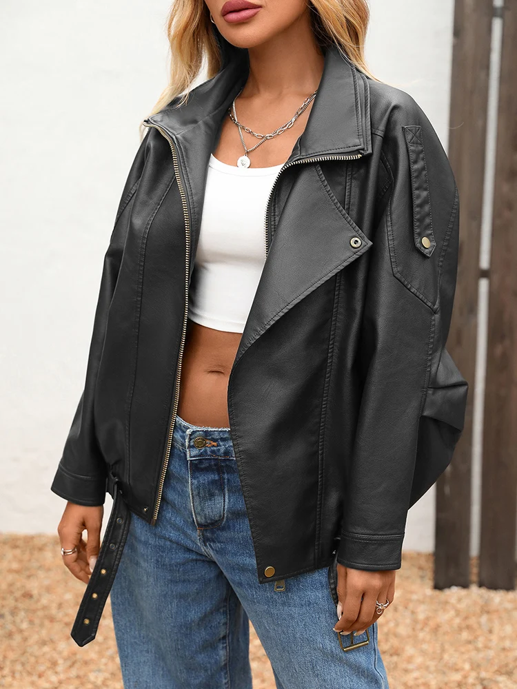 Ailegogo New Spring Autumn Women Streetwear Retro Loose Faux Leather Jacket Moto Biker Female Vintage Belt Zipper Coat Outwear