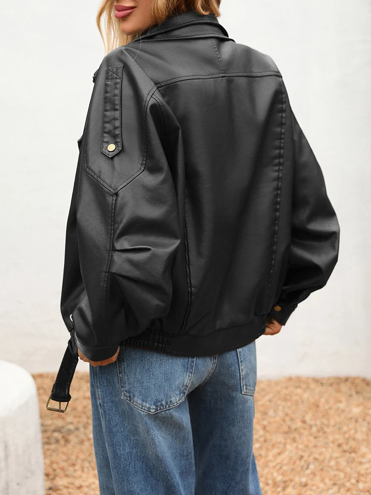 Ailegogo New Spring Autumn Women Streetwear Retro Loose Faux Leather Jacket Moto Biker Female Vintage Belt Zipper Coat Outwear