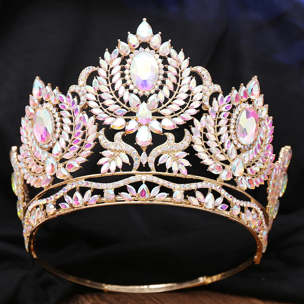 Royal Queen AB Color Crystal Wedding Crown Large Diadem Rhinestone Tiaras Circle Pageant Headdress Bridal Jewelry Head Ornaments