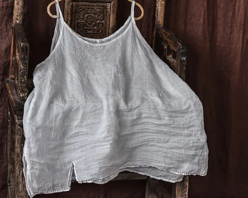 Women Loose Thin Cool Ramie Camis Female Solid Color Summer Sleeveless Top Mujer Ladies Vintage Spaghetti Strap Camis Tank