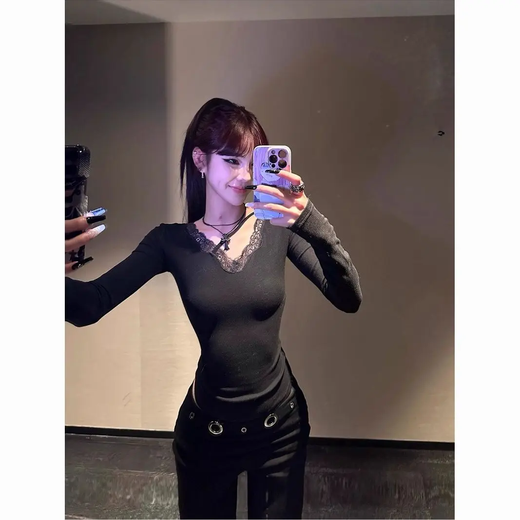 Seeslim Black Sexy Back Hollow Out Women's T-shirt Goth Long Sleeve Slim 2000s Clothes Y2k Tees Female Clothing Autumn Tops Chic