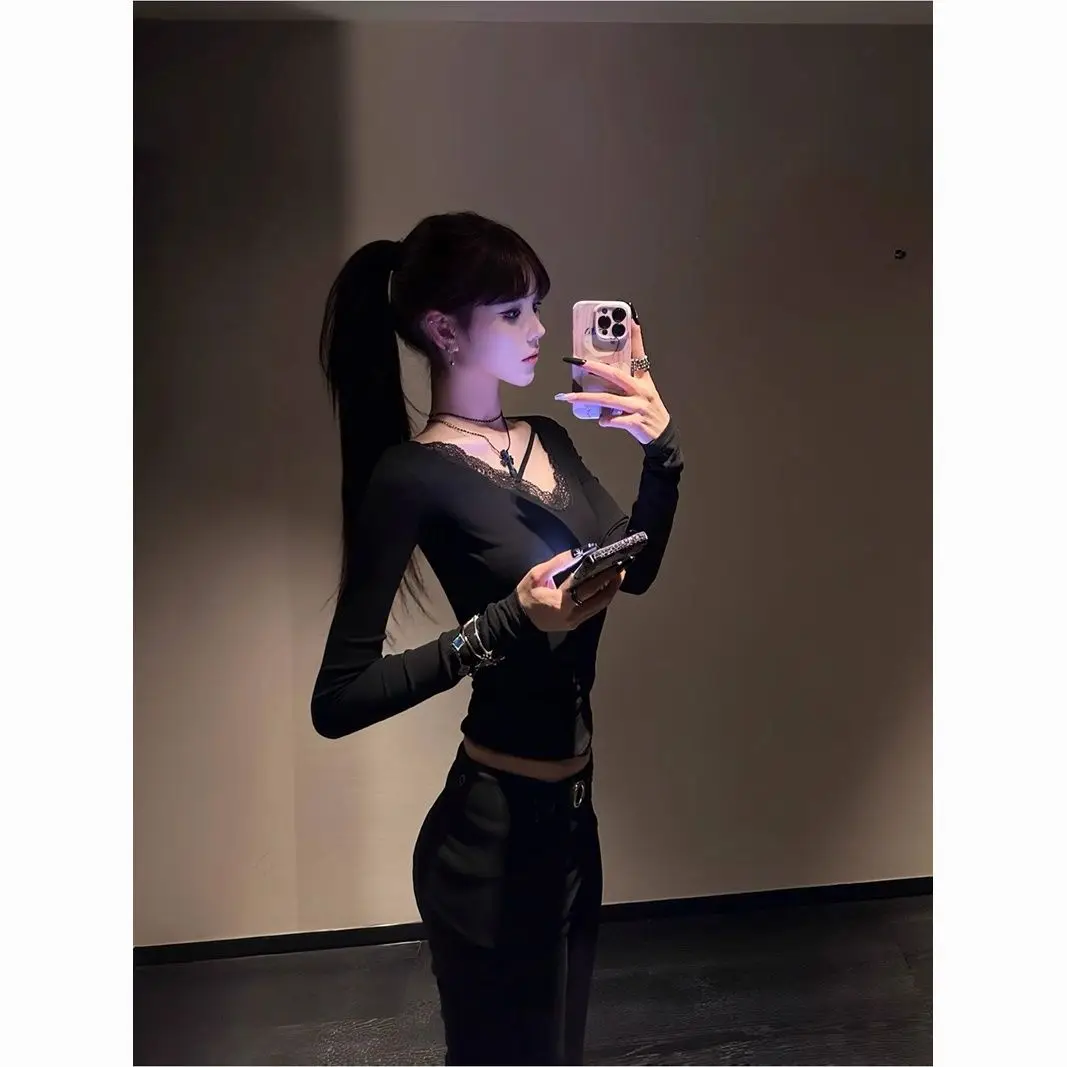 Seeslim Black Sexy Back Hollow Out Women's T-shirt Goth Long Sleeve Slim 2000s Clothes Y2k Tees Female Clothing Autumn Tops Chic