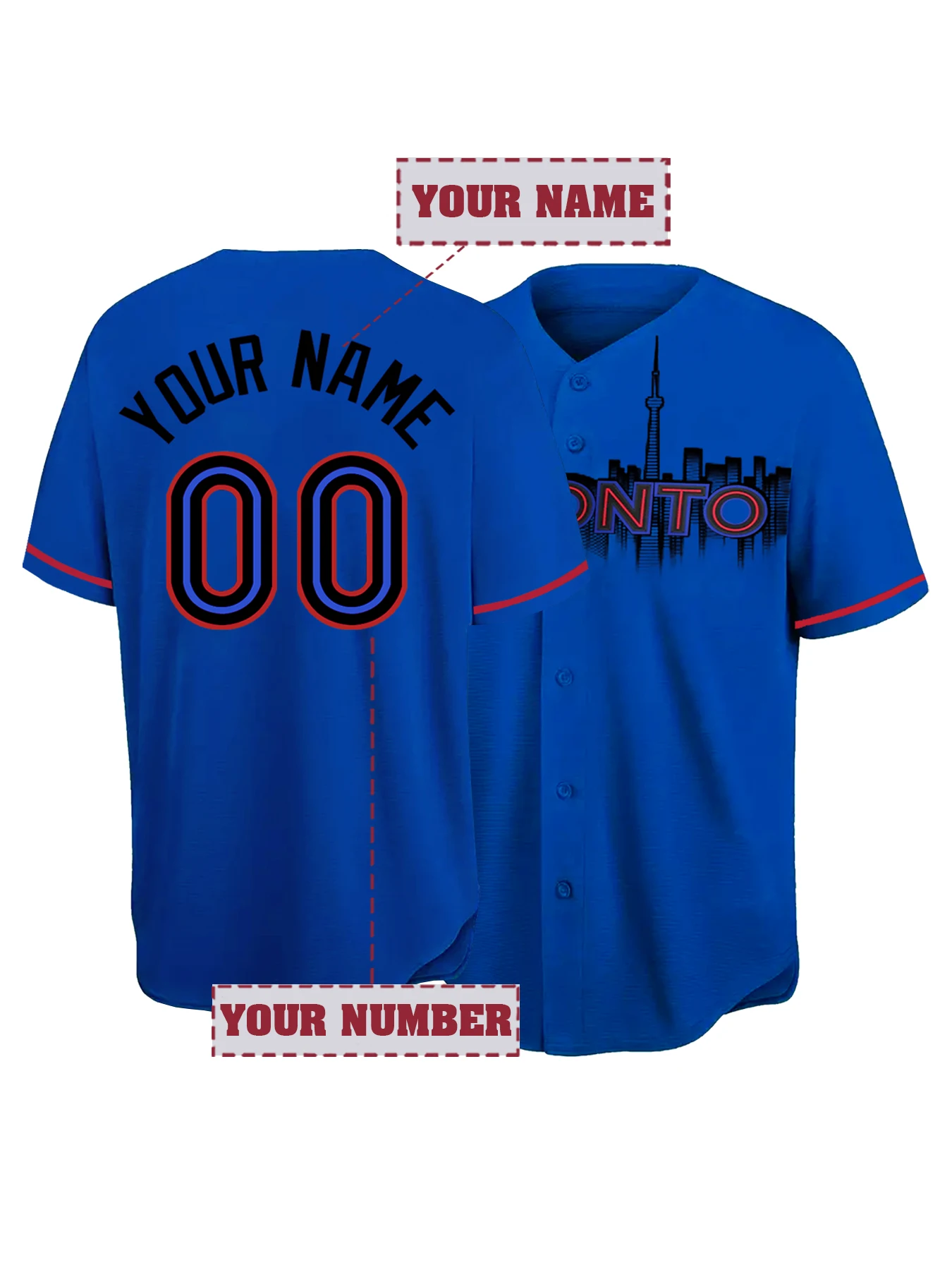 Customized Name And Number Men's Embroidery Baseball Jersey Toronto Black V-Neck Personalized Short Sleeve Button Down Shirts