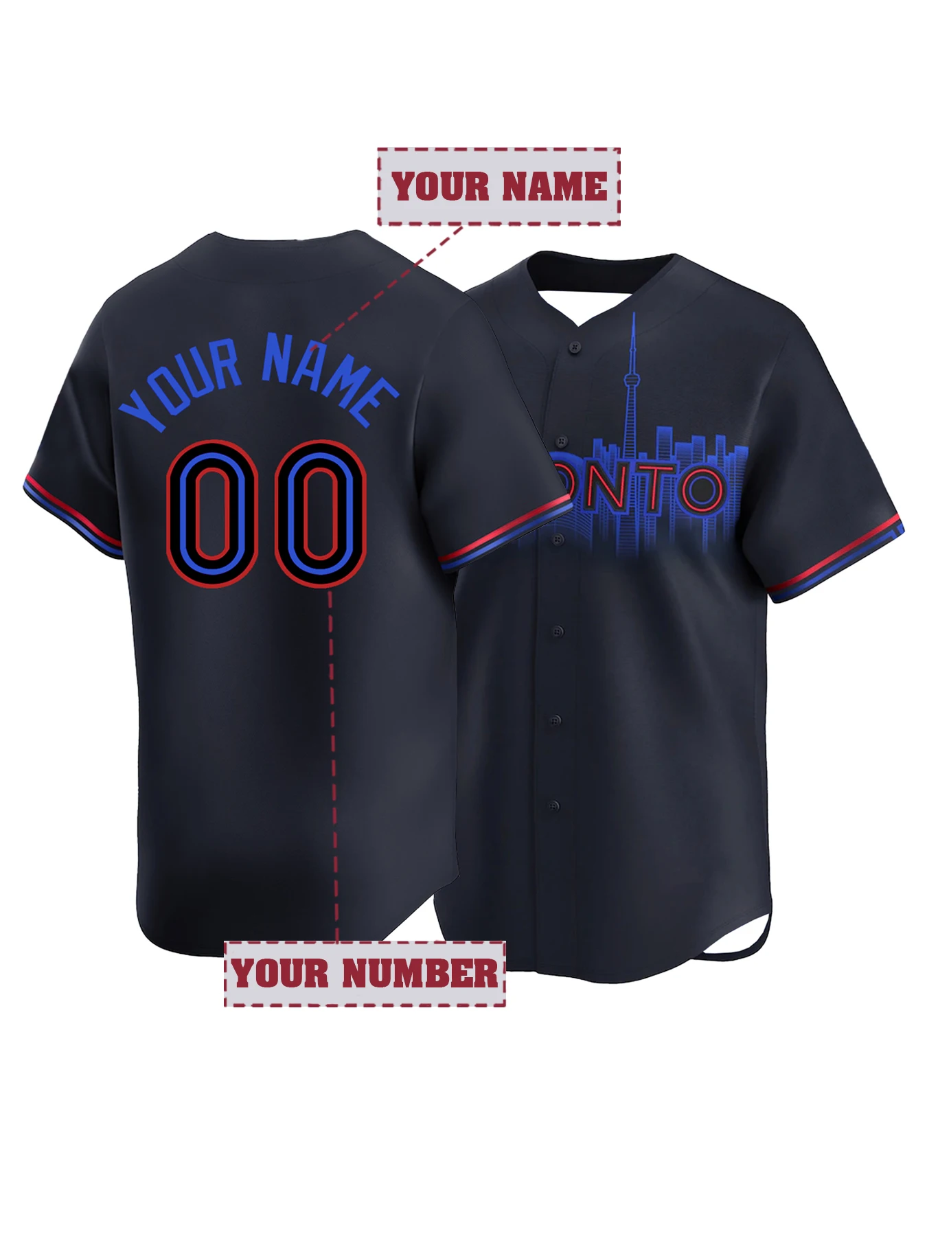 Customized Name And Number Men's Embroidery Baseball Jersey Toronto Black V-Neck Personalized Short Sleeve Button Down Shirts