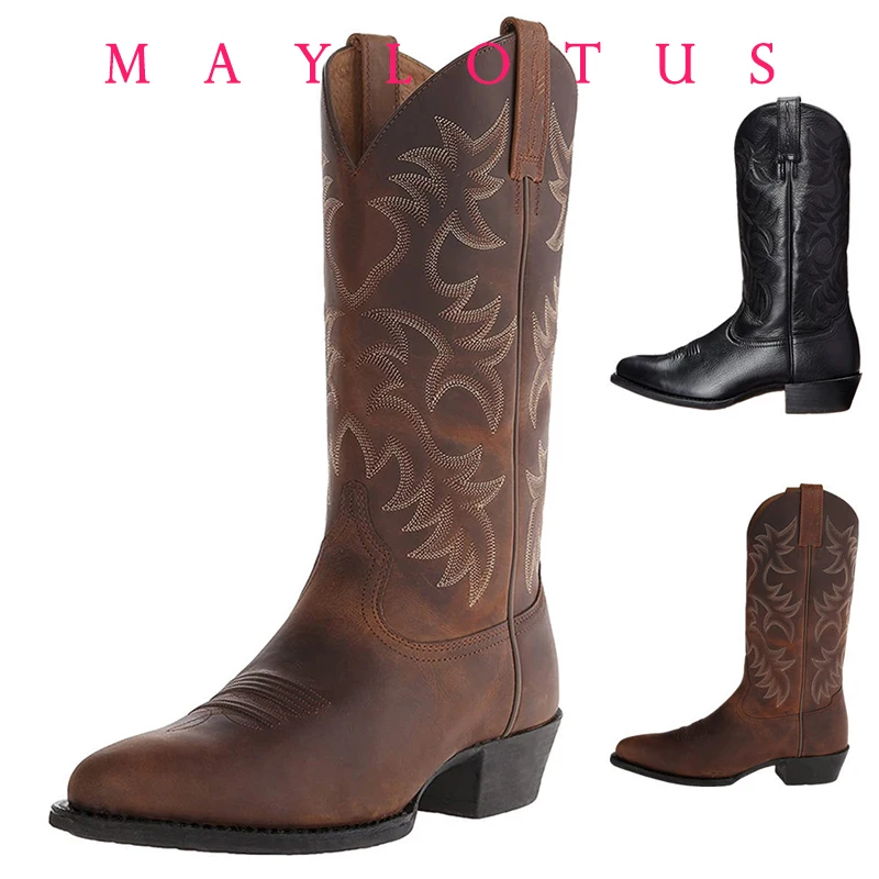 Mid-calf Western Boots Men Black Brown Cowboy Boots Handmade Leather Shoes New Punk Man Women Unisex Riding Boots