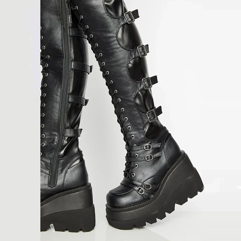 Punk Over-the-knee Boots Women Platform Heels Belt Buckle Boot Motorcycle Goth Shoe Thigh High Flat Boots Plus Size 42 43