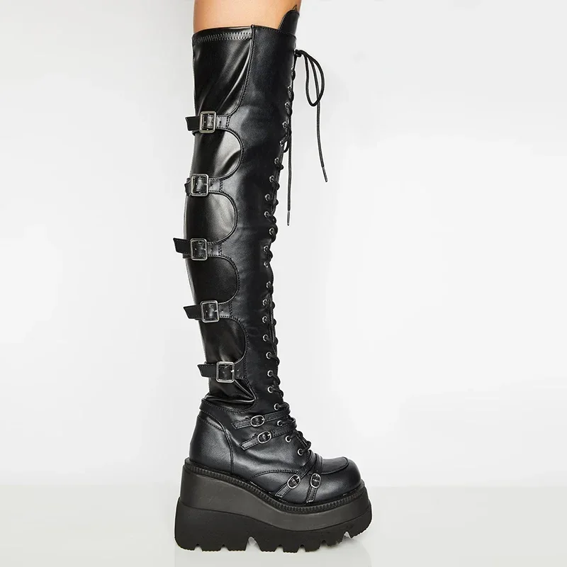 Punk Over-the-knee Boots Women Platform Heels Belt Buckle Boot Motorcycle Goth Shoe Thigh High Flat Boots Plus Size 42 43