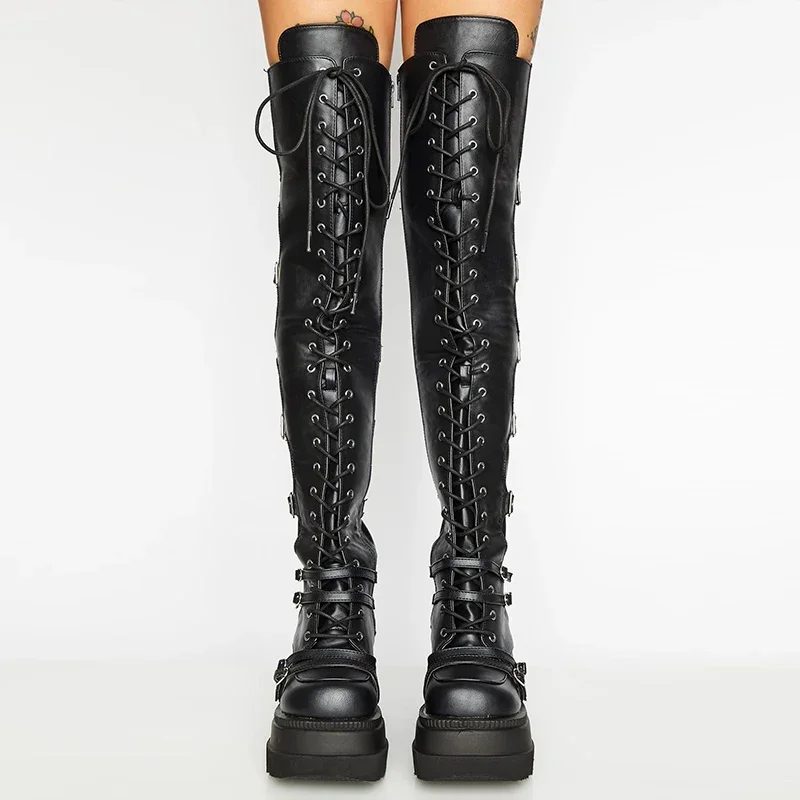 Punk Over-the-knee Boots Women Platform Heels Belt Buckle Boot Motorcycle Goth Shoe Thigh High Flat Boots Plus Size 42 43