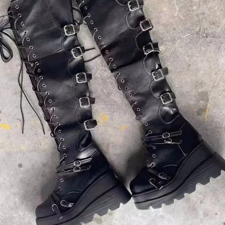 Punk Over-the-knee Boots Women Platform Heels Belt Buckle Boot Motorcycle Goth Shoe Thigh High Flat Boots Plus Size 42 43