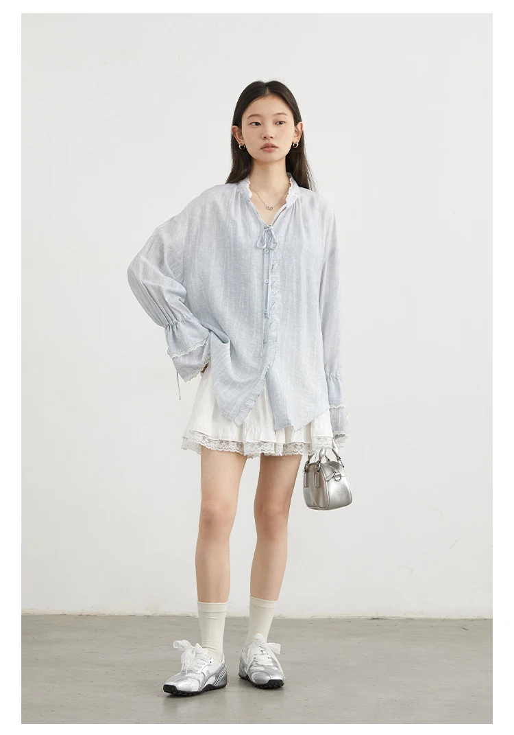 CHIC VEN Women Shirt Single Breasted V-neck Loose Casual Long Sleeve New Stand Up Collar Coat Female Blouse Spring Autumn 2025