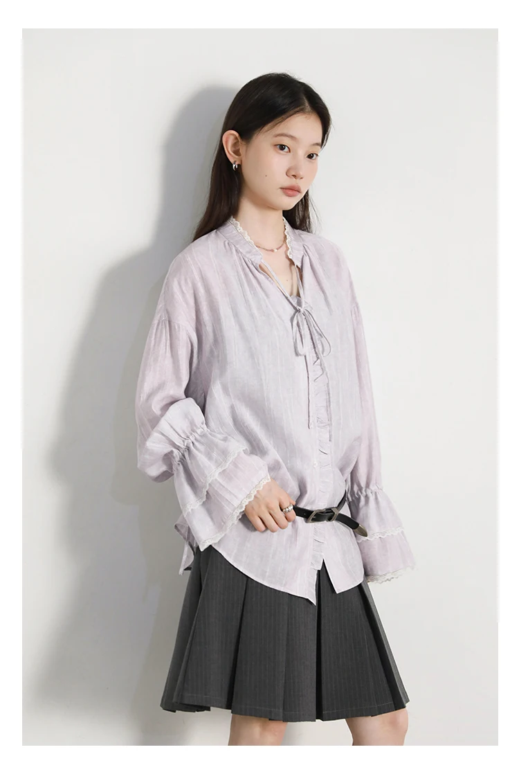 CHIC VEN Women Shirt Single Breasted V-neck Loose Casual Long Sleeve New Stand Up Collar Coat Female Blouse Spring Autumn 2025