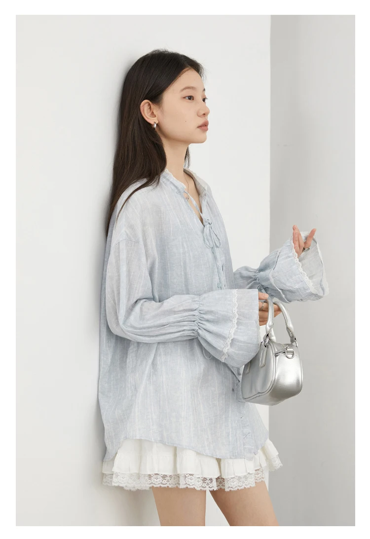 CHIC VEN Women Shirt Single Breasted V-neck Loose Casual Long Sleeve New Stand Up Collar Coat Female Blouse Spring Autumn 2025