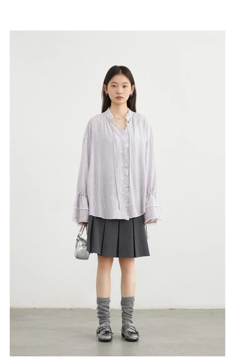 CHIC VEN Women Shirt Single Breasted V-neck Loose Casual Long Sleeve New Stand Up Collar Coat Female Blouse Spring Autumn 2025