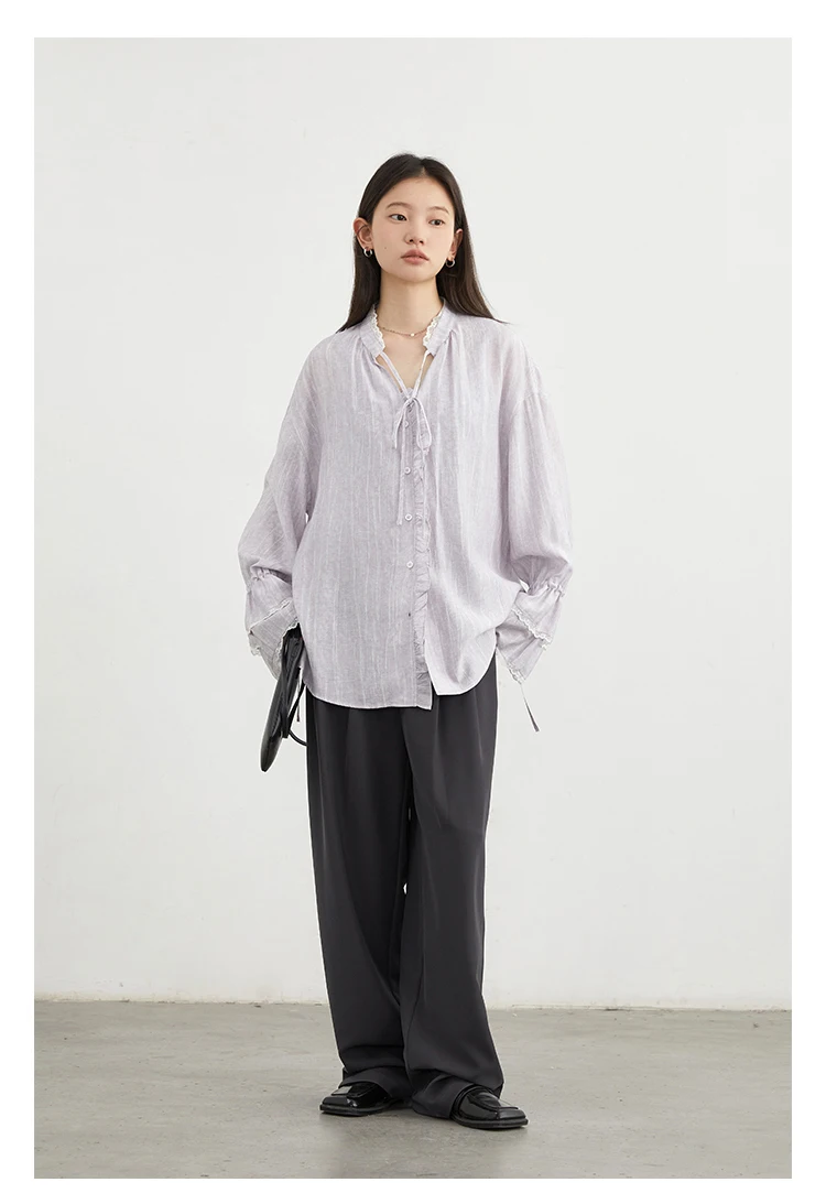 CHIC VEN Women Shirt Single Breasted V-neck Loose Casual Long Sleeve New Stand Up Collar Coat Female Blouse Spring Autumn 2025