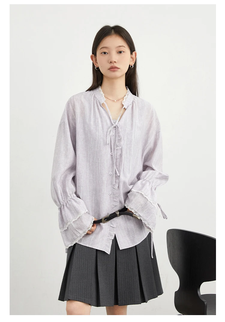 CHIC VEN Women Shirt Single Breasted V-neck Loose Casual Long Sleeve New Stand Up Collar Coat Female Blouse Spring Autumn 2025