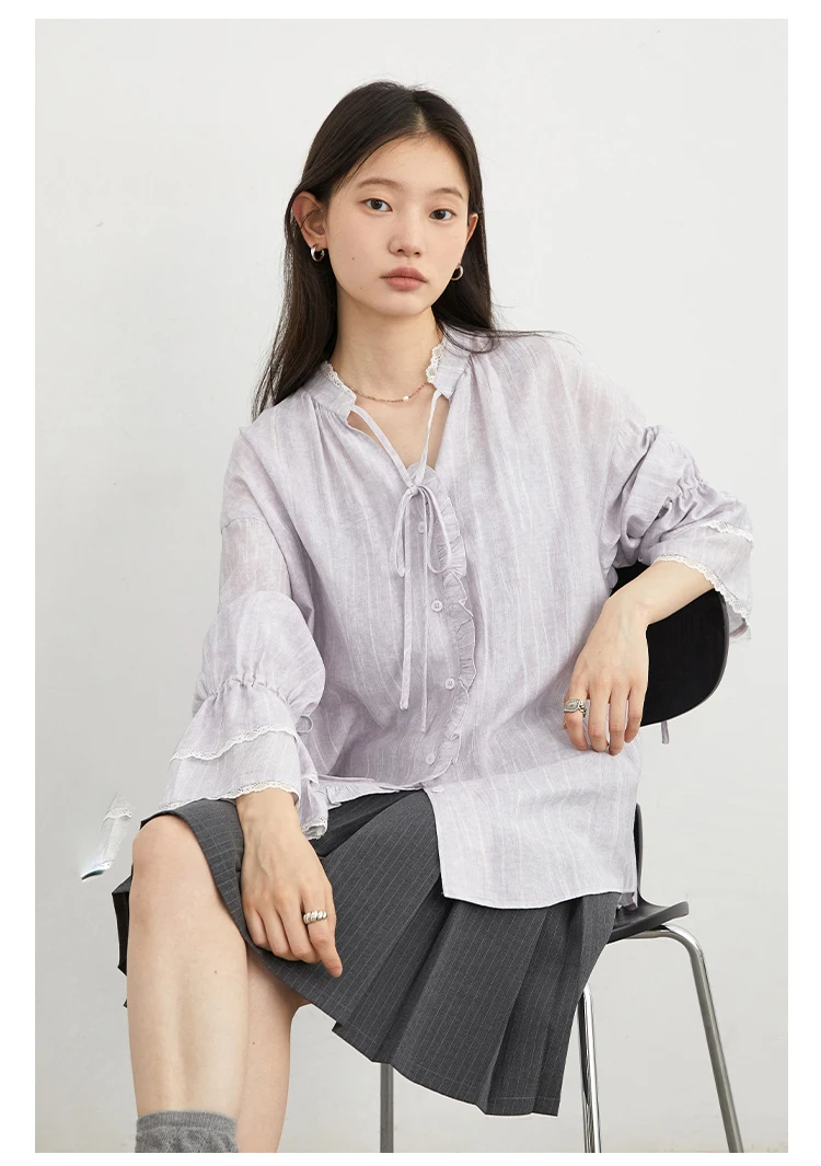 CHIC VEN Women Shirt Single Breasted V-neck Loose Casual Long Sleeve New Stand Up Collar Coat Female Blouse Spring Autumn 2025