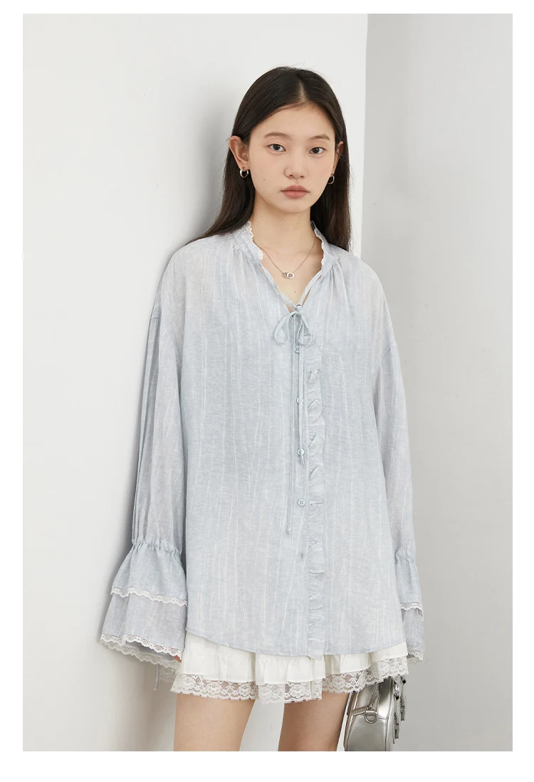 CHIC VEN Women Shirt Single Breasted V-neck Loose Casual Long Sleeve New Stand Up Collar Coat Female Blouse Spring Autumn 2025