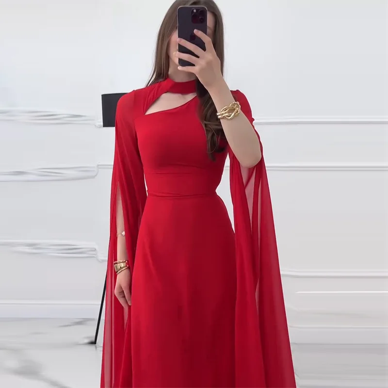 Party Dresses Women Long Dress Round Collar Solid Color Lace Up Tight Waist A Line 2025 Female Vestidos Temperament Maxi Gown