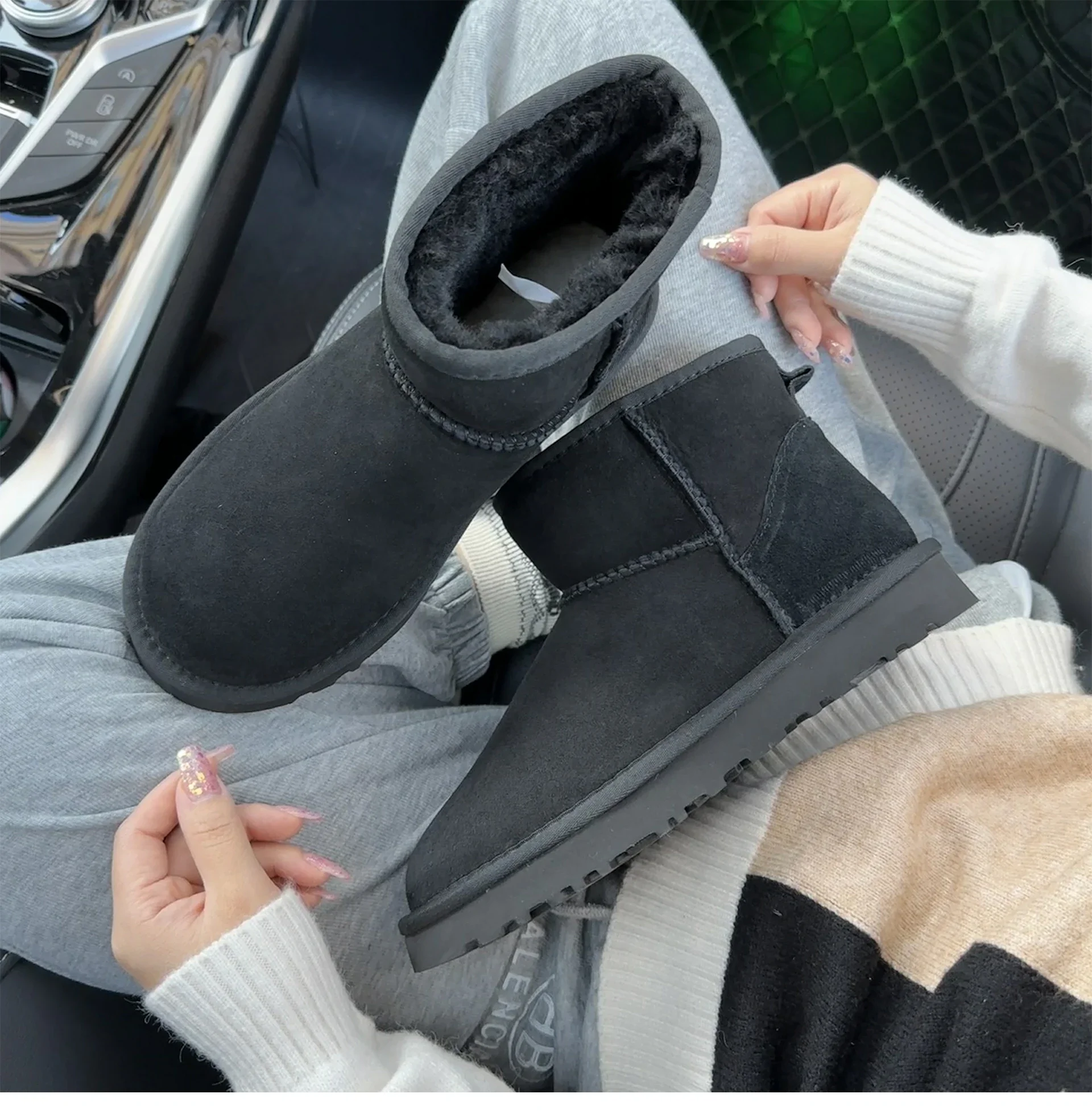 5854 Men's and Women's Sheepskin and Wool Snow Boots, Integrated Fur and Leather, Winter Thick and Warm Women's Boots