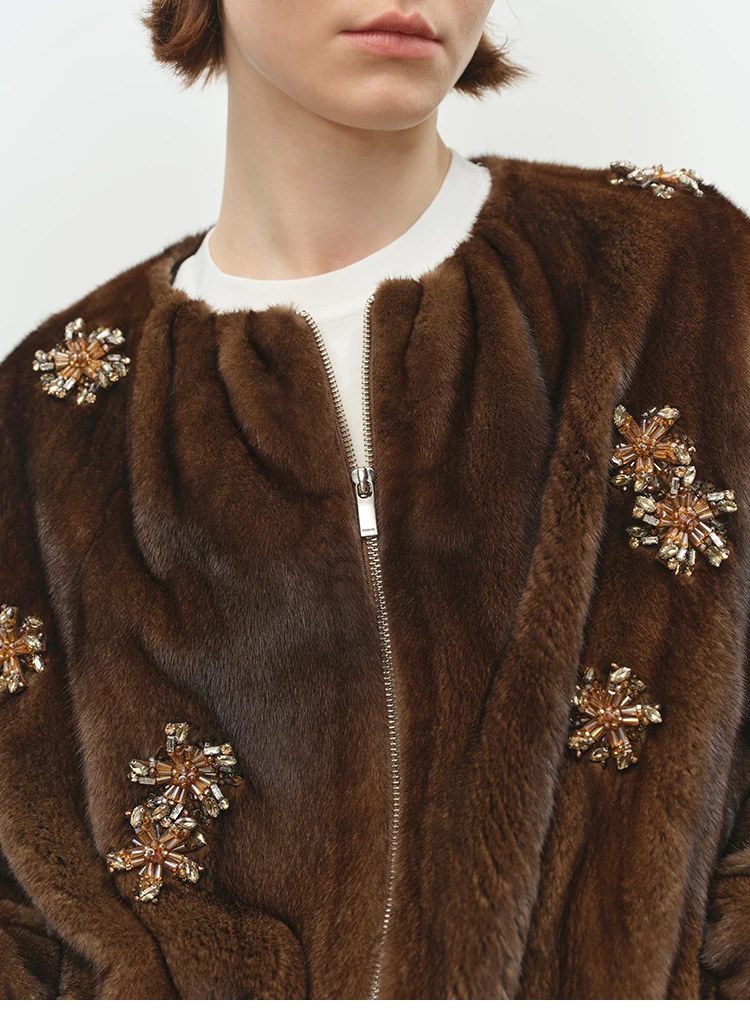 Lautaro Winter Luxury Elegant Thick Warm Soft Brown Short Faux Mink Fur Coat Women Beading Loose Stylish Chic Fluffy Jacket