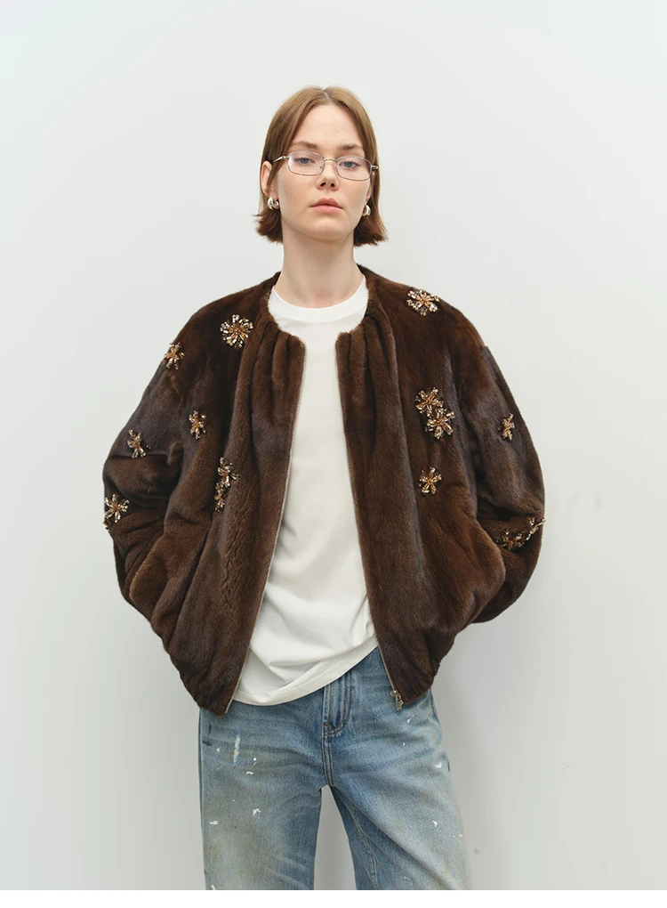 Lautaro Winter Luxury Elegant Thick Warm Soft Brown Short Faux Mink Fur Coat Women Beading Loose Stylish Chic Fluffy Jacket