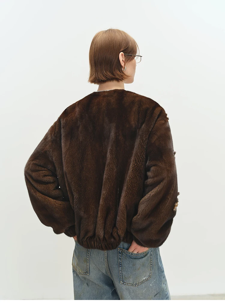 Lautaro Winter Luxury Elegant Thick Warm Soft Brown Short Faux Mink Fur Coat Women Beading Loose Stylish Chic Fluffy Jacket