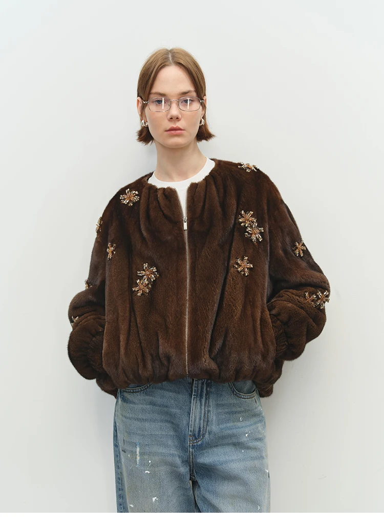 Lautaro Winter Luxury Elegant Thick Warm Soft Brown Short Faux Mink Fur Coat Women Beading Loose Stylish Chic Fluffy Jacket