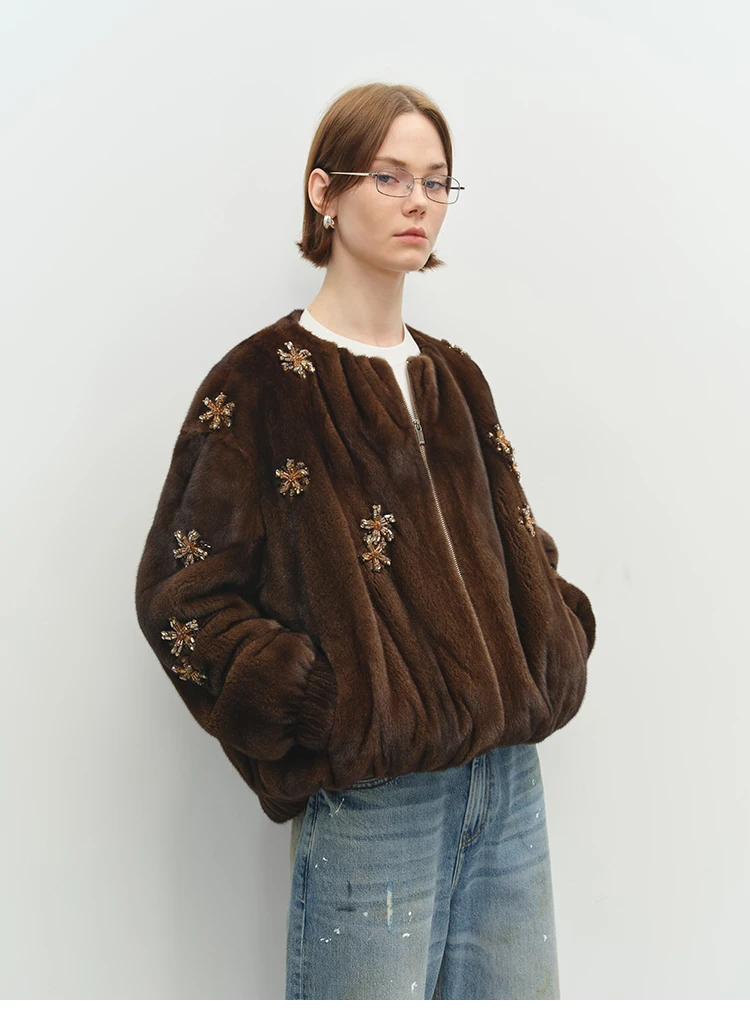 Lautaro Winter Luxury Elegant Thick Warm Soft Brown Short Faux Mink Fur Coat Women Beading Loose Stylish Chic Fluffy Jacket