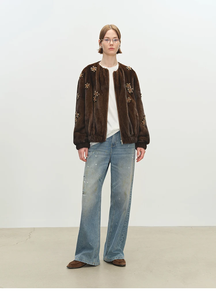 Lautaro Winter Luxury Elegant Thick Warm Soft Brown Short Faux Mink Fur Coat Women Beading Loose Stylish Chic Fluffy Jacket