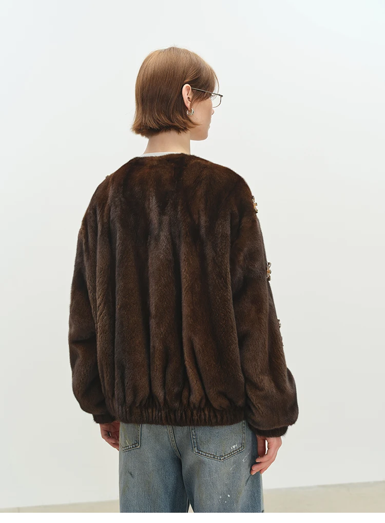 Lautaro Winter Luxury Elegant Thick Warm Soft Brown Short Faux Mink Fur Coat Women Beading Loose Stylish Chic Fluffy Jacket