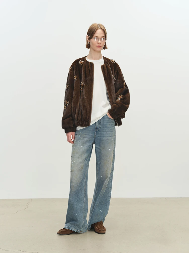 Lautaro Winter Luxury Elegant Thick Warm Soft Brown Short Faux Mink Fur Coat Women Beading Loose Stylish Chic Fluffy Jacket
