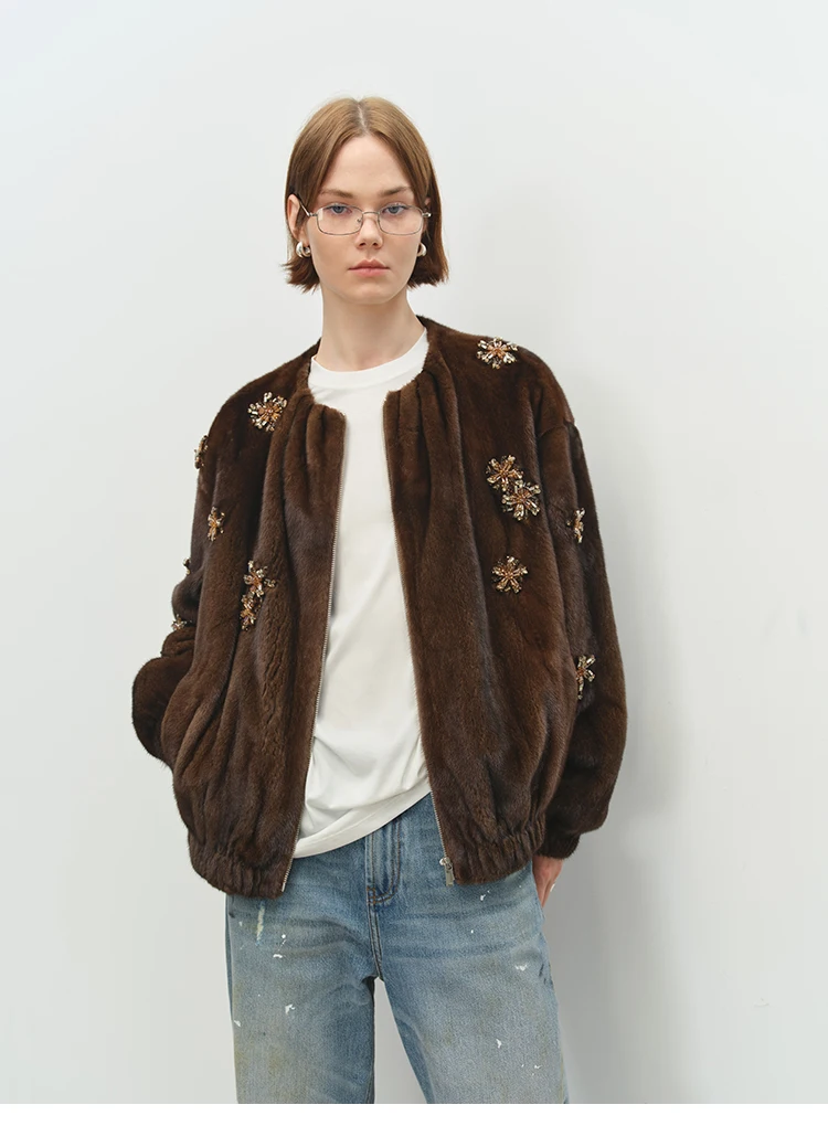 Lautaro Winter Luxury Elegant Thick Warm Soft Brown Short Faux Mink Fur Coat Women Beading Loose Stylish Chic Fluffy Jacket