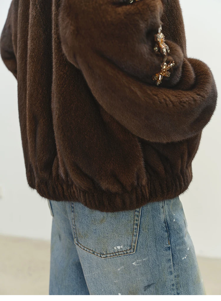 Lautaro Winter Luxury Elegant Thick Warm Soft Brown Short Faux Mink Fur Coat Women Beading Loose Stylish Chic Fluffy Jacket