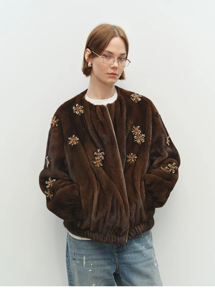 Lautaro Winter Luxury Elegant Thick Warm Soft Brown Short Faux Mink Fur Coat Women Beading Loose Stylish Chic Fluffy Jacket