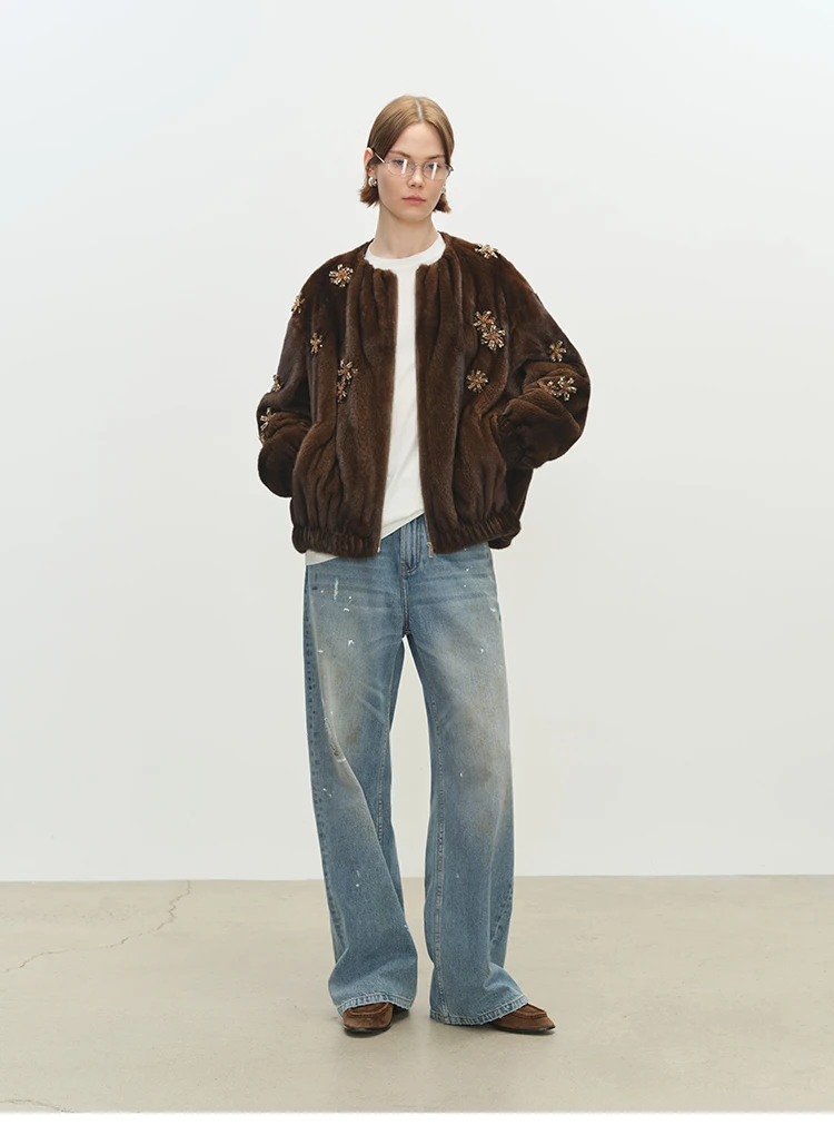 Lautaro Winter Luxury Elegant Thick Warm Soft Brown Short Faux Mink Fur Coat Women Beading Loose Stylish Chic Fluffy Jacket