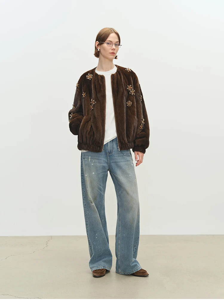 Lautaro Winter Luxury Elegant Thick Warm Soft Brown Short Faux Mink Fur Coat Women Beading Loose Stylish Chic Fluffy Jacket