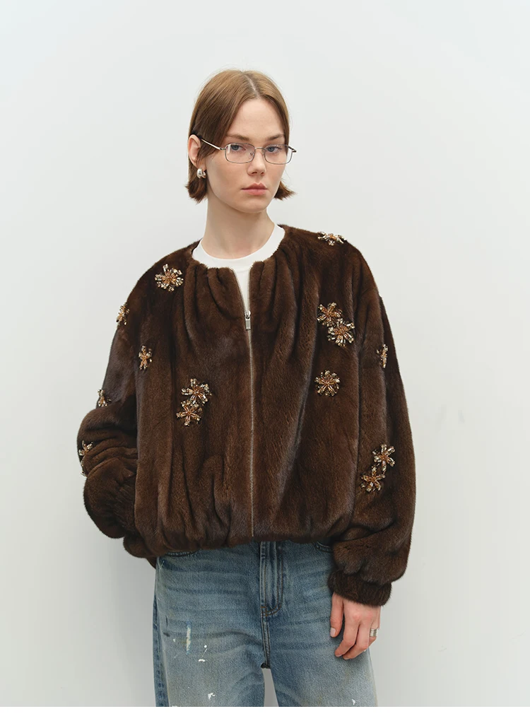 Lautaro Winter Luxury Elegant Thick Warm Soft Brown Short Faux Mink Fur Coat Women Beading Loose Stylish Chic Fluffy Jacket