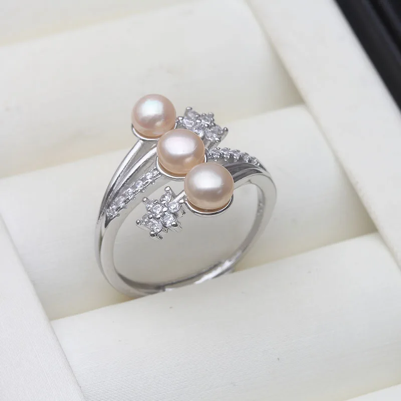 Real 925 Silver Pearl Rings Woman,Luxury White Natural Freshwater Adjustable Pearl Ring Wife Mother Birthday Gift Pink